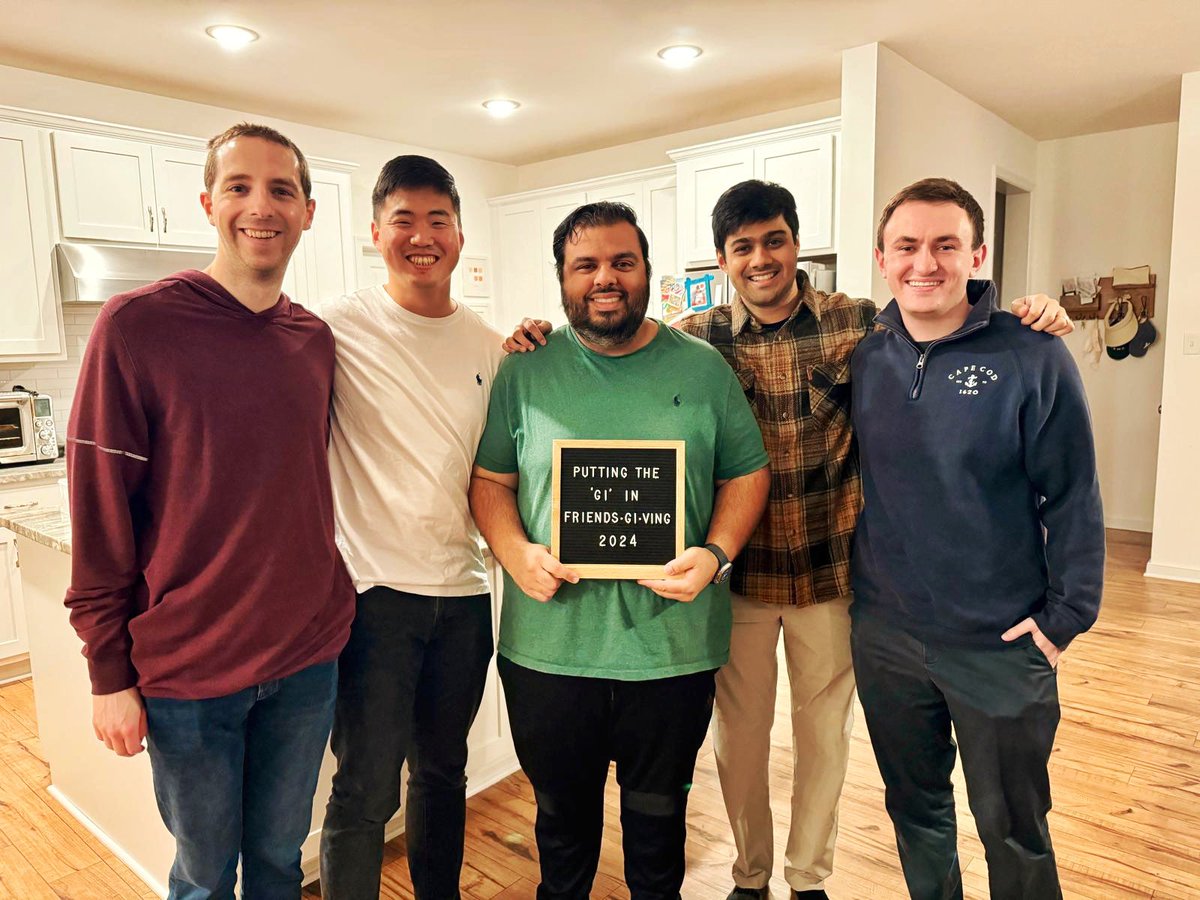 ‘Putting the ‘GI’ in FriendsGIving’ 🙌

Incredibly grateful to train and work alongside such talented colleagues and faculty at <a href="/VCU_Liver/">VCU Stravitz-Sanyal Institute for Liver Disease</a> 🙏 

Thank you to my co-fellow Dr Arshad for hosting us! 

<a href="/VCUHealth/">VCU Health</a> <a href="/LiverFellow/">Liver Fellow Network</a> 
<a href="/JTGrady02/">John Grady</a> <a href="/dr_gildea/">Daniel Gildea, MD</a> #ThanksgivingDay2024