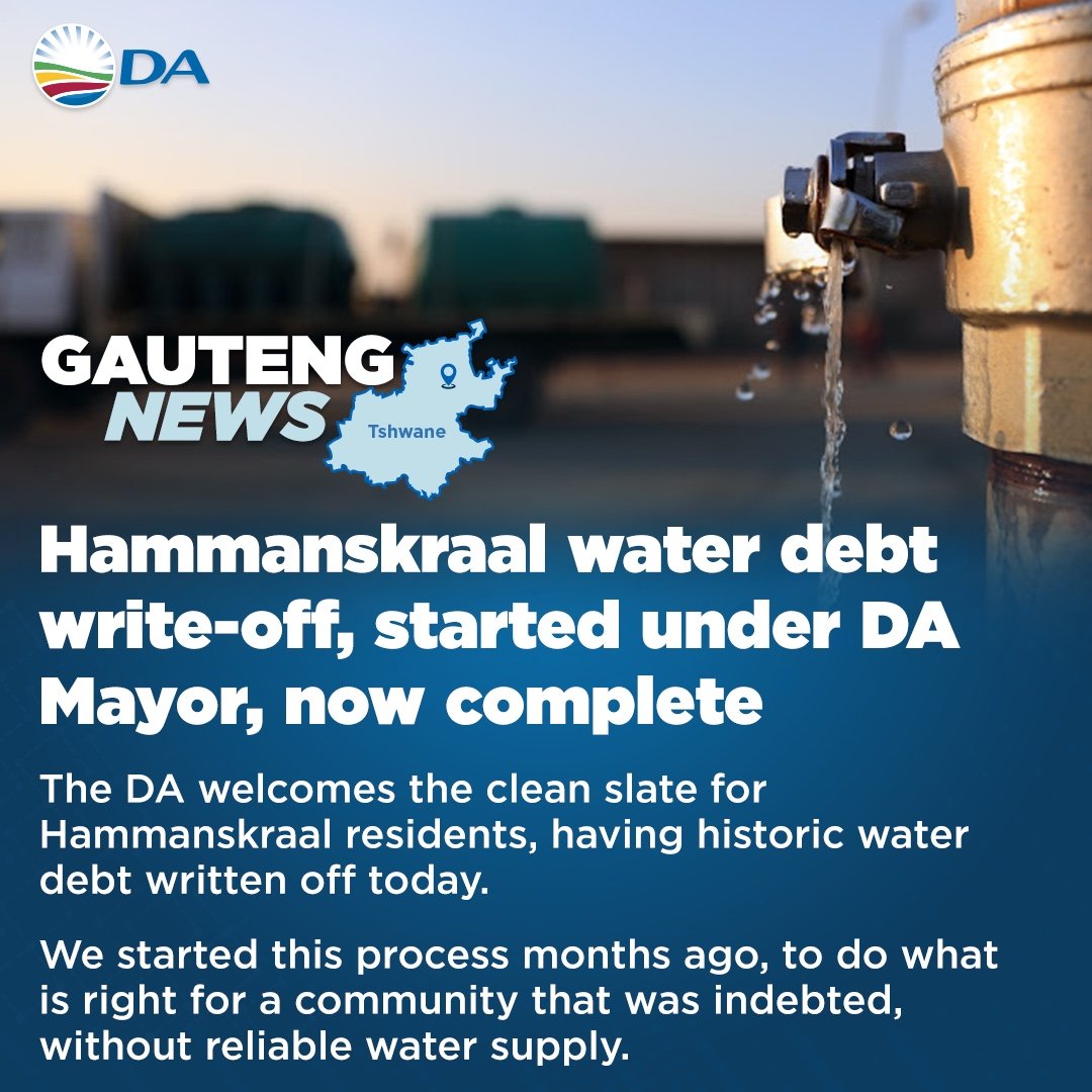 🚨 The DA welcomes the decision of the Tshwane Council to write off historical debt on water bills of Hammanskraal residents who receive water from the city.

The debt write-off, initiated by the DA and our coalition partners when in government, is an essential part of the