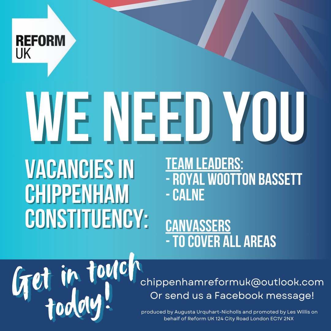 reformukchipcon's tweet photo. We have vacancies for team leaders and canvassers at #chippenham Reform. 

#calne #royalwoottonbassett #corsham #wiltshire https://t.co/EkOqW5Iwxl