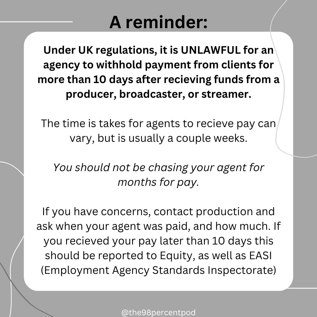 A reminder:

Under UK regulations, it is UNLAWFUL for an agency to withhold payment from clients for more than 10 days after recieving funds from a producer, broadcaster, or streamer.

1/6