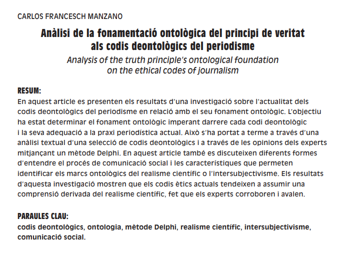 carl_francesch's tweet photo. És un orgull veure la meva investigació sobre ètica periodística publicada a la revista Comunicació. Revista de Recerca i d'Anàlisi (https://t.co/F9bR9a27YB), on intento determinar els fonaments ontològics del periodisme actual. https://t.co/mBAtZwcazS