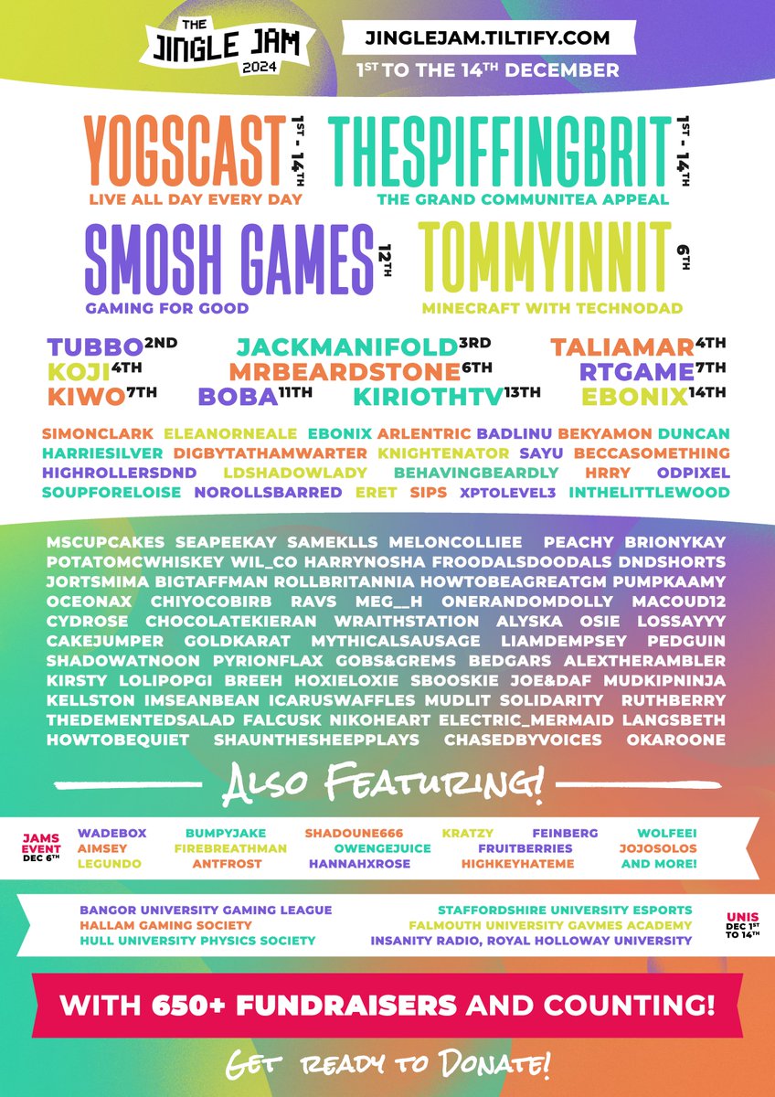 Our Jingle Jam 2024 lineup! All these creators, plus hundreds more and counting, going live to change lives this December.

It all kicks off when the 2024 Games Collection goes live at 5 pm GMT on Sunday, December 1st.
