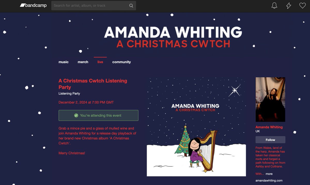 Monday night, get the mulled wine out and join us on Bandcamp for a free listening party of Amanda Whiting's new album 'A Christmas Cwtch', released the same day.

RSVP:
amandawhiting.bandcamp.com/merch/a-christ…
