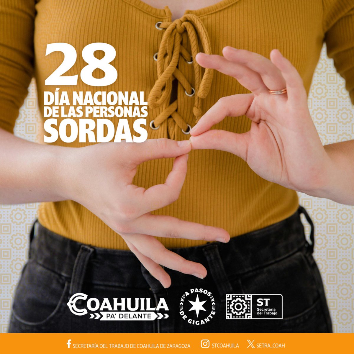 SETRA_COAH's tweet photo. Hoy conmemoramos el #DíaNacionalDeLasPersonasSordas para visibilizar su realidad y expresen sus demandas en cuestión de derechos ademas de enaltecer la riqueza de la cultura sorda.
#CoahuilaPaDelante #APasosDeGigante https://t.co/8TZjfB6p4V
