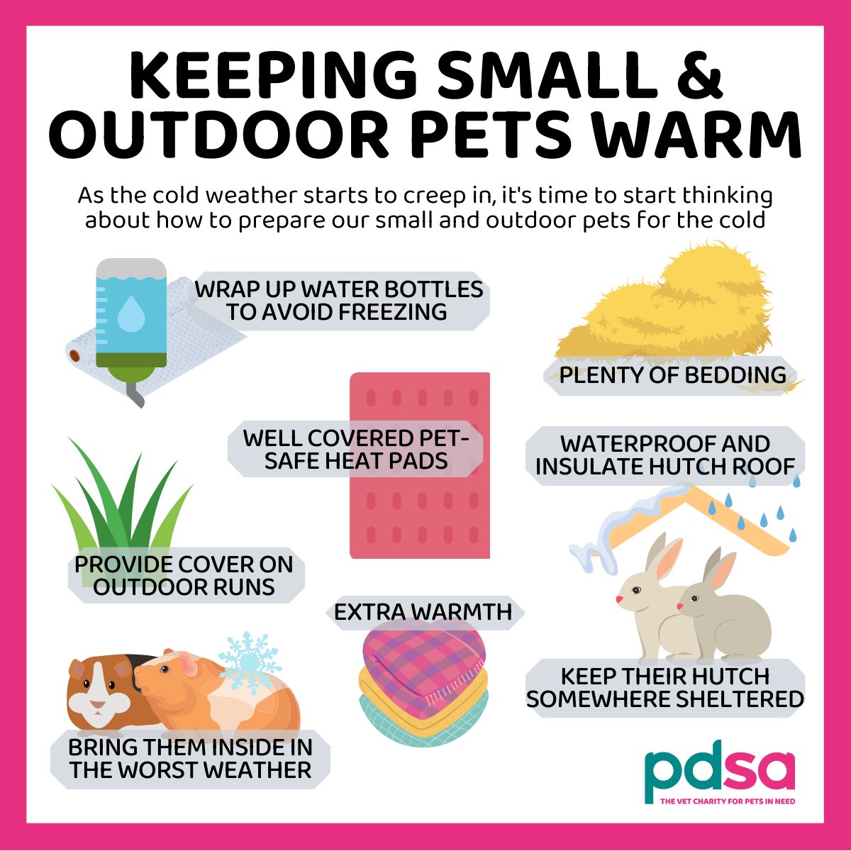 #Rabbits and #GuineaPigs are sensitive to the cold and can become unwell if they get too chilly, so it's important to find ways to help them stay cosy during #Winter ❄️

Make their winter a warm one by following our top tips ❤️
