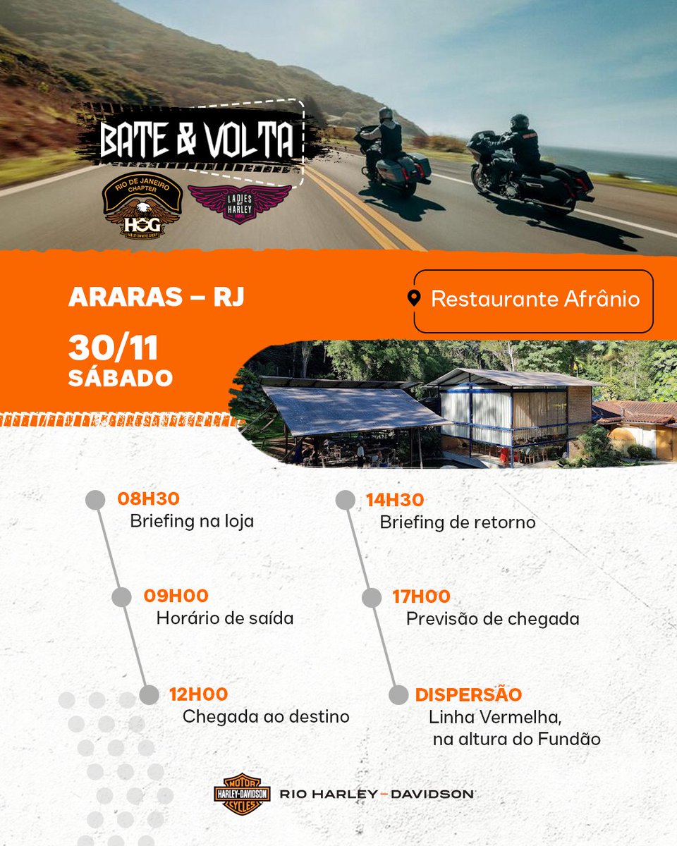 Harley_Rio's tweet photo. Junte-se a nós no sábado, 30/11, para um Bate &amp; Volta.

📍Araras - RJ - Restaurante Afrânio

🤘 Vivencie a autêntica sensação de liberdade sobre duas rodas e fazer parte da nossa comunidade na Rio H-D.

⚠ Fique atento ao briefing e vamos nos divertir! https://t.co/7X58A2strl