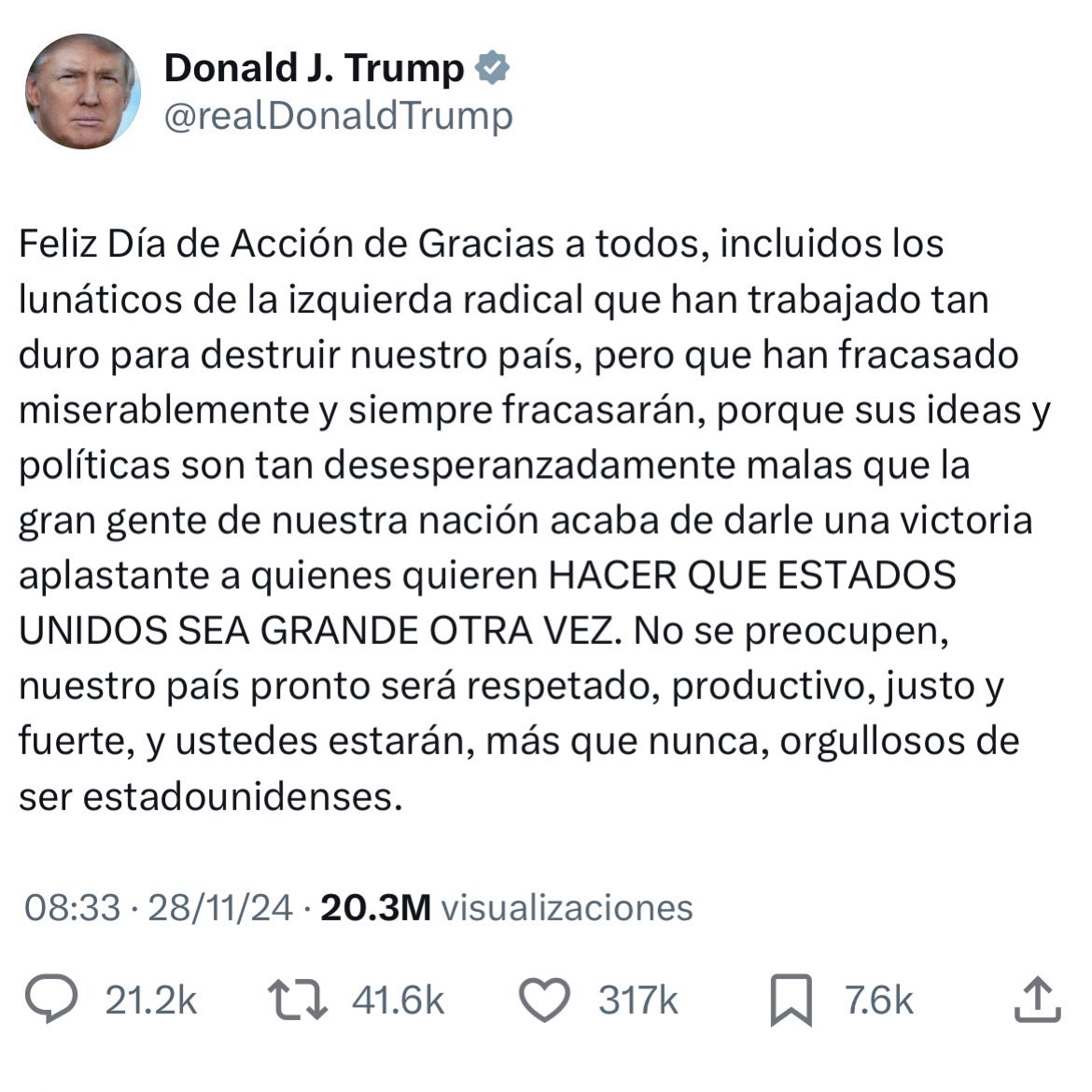 OOCprogresismo2's tweet image. 🇺🇸 El saludo de Donald Trump por el Día de Acción de Gracias.