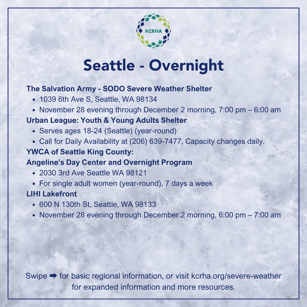 KingCoRHA's tweet photo. 🥶 With low overnight temperatures in the forecast, we have activated Tier 2 Severe Weather Protocols starting today, through the morning of Monday, December 2. Find shelter and warming spaces information here: https://t.co/KbZ79T6369 https://t.co/GWVkQMDLD4