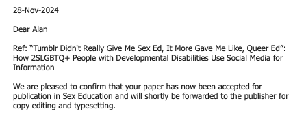 AlanSMartino's tweet photo. Paper accepted! Yay! Paper title: “Tumblr Didn't Really Give Me Sex Ed, It More Gave Me Like, Queer Ed”: How 2SLGBTQ+ People with Developmental Disabilities Use Social Media for Information. https://t.co/mKl8Xn0x5n