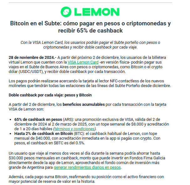Juan Pablo Álvarez (@jpaperiodista) on Twitter photo El exchange cripto <a href="/lemonapp_ar/">Lemon Argentina</a> ofrece cashback para quienes paguen el subte con su tarjeta. El exchange cripto <a href="/lemonapp_ar/">Lemon Argentina</a> ofrece cashback para quienes paguen el subte con su tarjeta.
