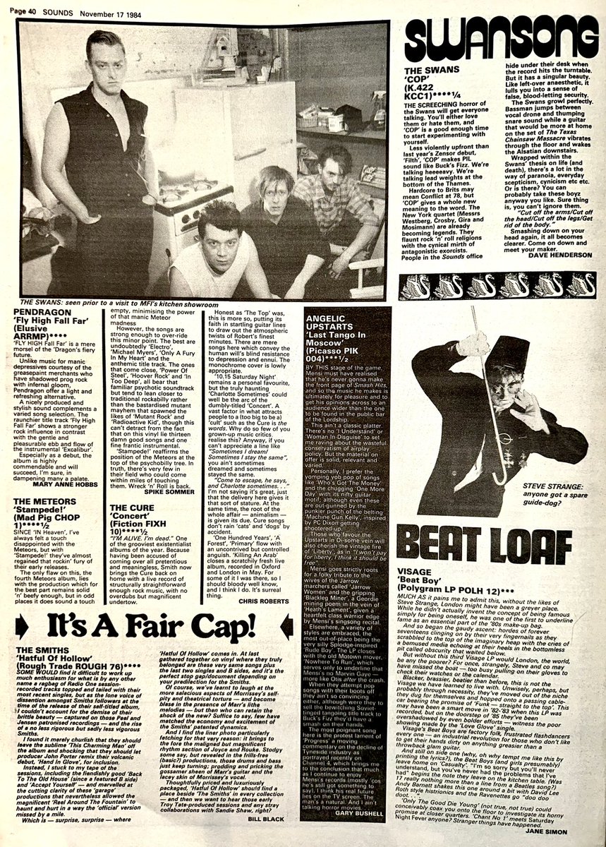 ZoundsAbound's tweet photo. More LP reviews, the best being by @theCure for ‘Concert’, for ‘Stampede!’ by #TheMeteors, for ‘Cop’ by #TheSwans for ‘Touch The Night’ by #Marseille for the self titled debut by #TinaB 

Praise too for @Smiths_Official #Pendragon &amp; for #DrFeelgood 

Sounds Nov 17th 1984 https://t.co/EpaO3C977A
