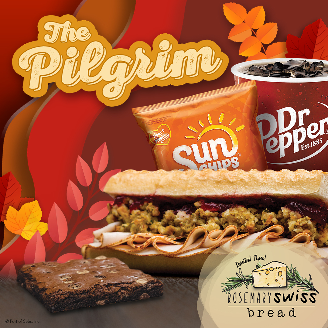 portofsubs's tweet image. Happy Thanksgiving from our family to yours! 🦃🍂 Celebrate the season with The Pilgrim Sandwich—layered with fresh turkey, savory stuffing, and tangy cranberry sauce. It’s the ultimate holiday flavor in every bite, while supplies last.

#PortOfSubs #ThePilgrim