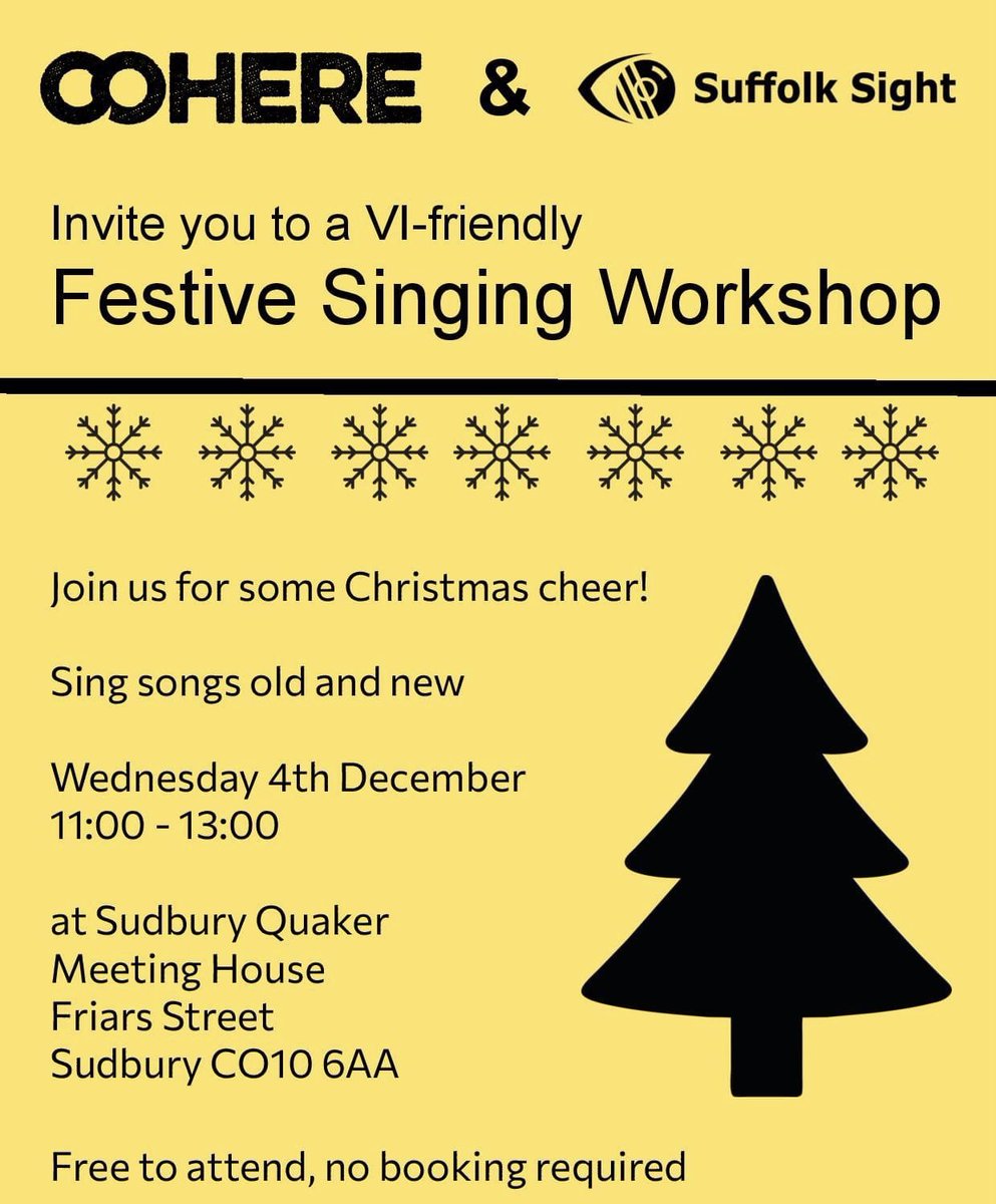 Join us for a VI-friendly festive singing workshop at Sudbury Quaker Meeting House 11-1 on Wed 4th Dec, supported by <a href="/SuffolkSight/">Suffolk Sight</a> &amp; <a href="/suffolkgiving/">Suffolk Community Foundation</a> 
#visuallyimpaired #singing 
🎄🎅🏼🎶