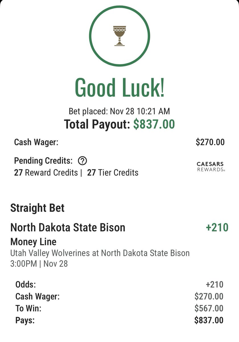 markcastillo__'s tweet photo. 🍁Happy Thanksgiving Y’all 🦃

Thank you @OddsJam for this Gem

[ MyBookie ]
Utah Valley Moneyline -149

[ Caesars ] 
North Dakota State Moneyline +210

[ Wager ] 
$500 to win $335.57 on Utah ML
$270 to win $567 on North Dakota ML

[ Utah Wins ]
$335.57 - $270 = $65.57💰
[ North Dakota Wins ]
$567 - $500 = $67💰