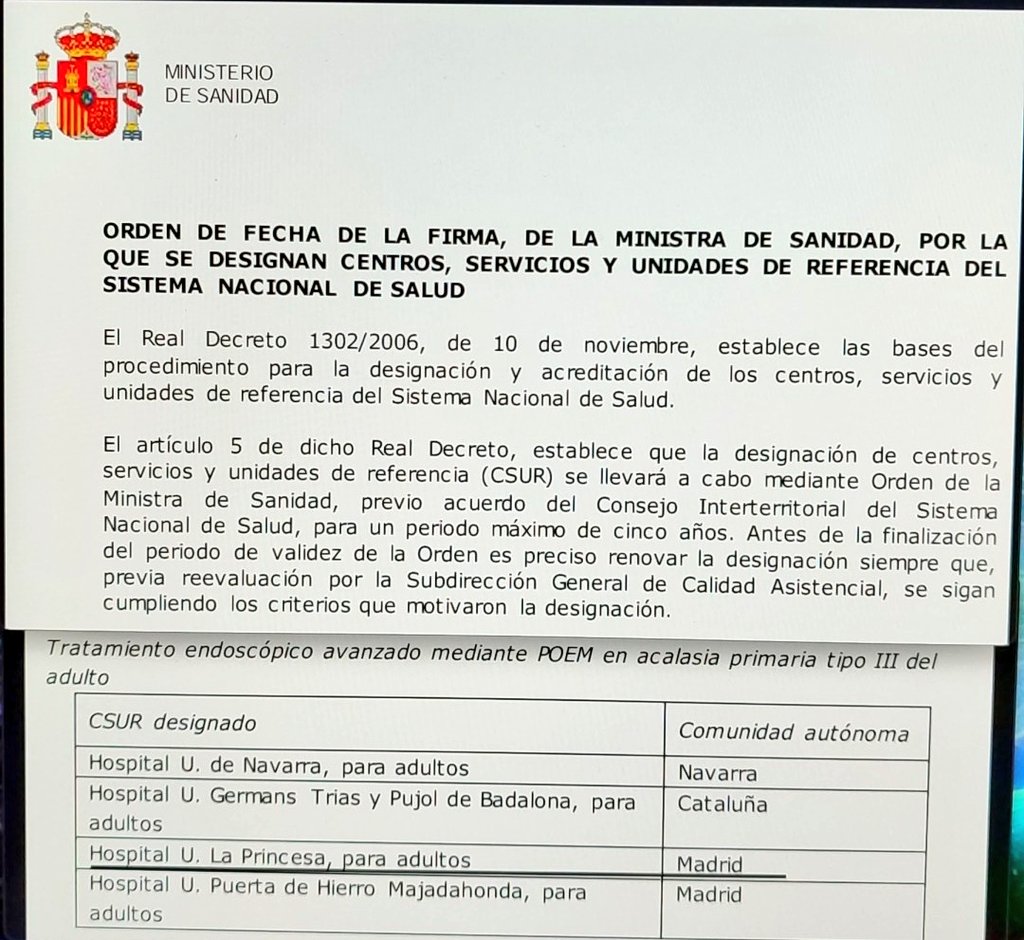 El Servicio de Aparato Digestivo del Hospital de La Princesa ha sido designado esta semana como #CSUR para el tto endoscópico mediante #POEM en #Acalasia.
Contentos del reconocimiento al trabajo realizado durante estos años y lo que vendrá.
