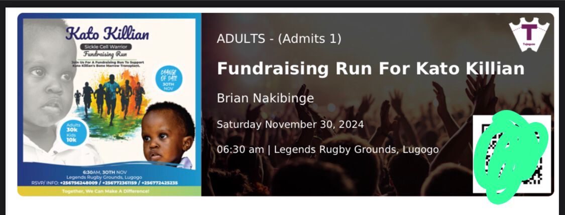 Judie_Jidel's tweet photo. GIVE KATO A SECOND CHANCE!

Please be there in the #RunForKato campaign this Saturday at Legends Rugby grounds! Raise funds for Kato Killian's bone marrow transplant.

Tickets: https://t.co/fKTYU0wjdP
Children: 10k
Adults: 30k
#SickleCellOmumanyi https://t.co/nR4c2IZnja