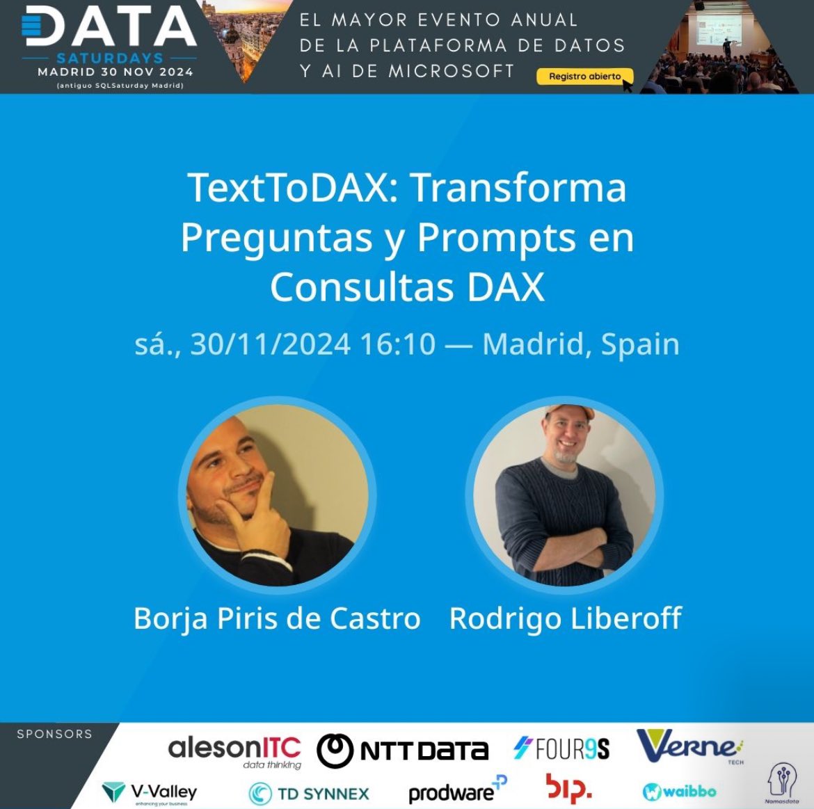 rliberoff's tweet photo. El sábado 30 de noviembre nos vemos en el #DataSaturday de #Madrid, donde estaremos @pirisborja y Yo hablando de cómo puedes hablar con tus datos de #PowerBI gracias a una IA capaz de generar consultas DAX 📊
Más info 👉🏻 https://t.co/YdRD8eipd6 https://t.co/IBePdOPHzM