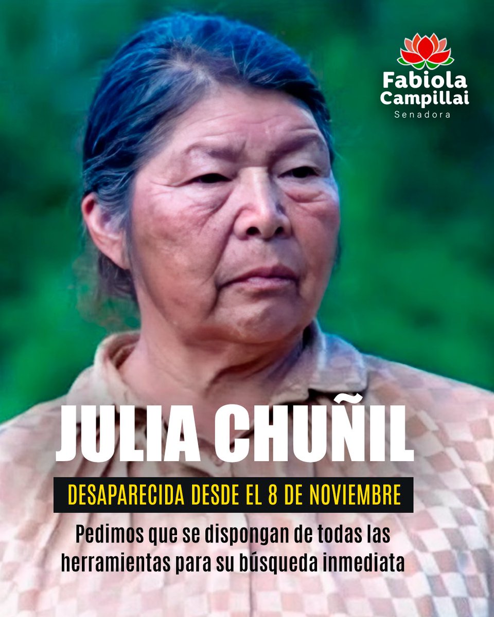 DignidadFabiola's tweet photo. Como Senadora estoy conmocionada por la desaparición de doña Julia Chuñil hace más de dos semanas. 

Solicitamos a las Policías de la Región como también a la Fiscalía que dispongan de todas las acciones y recursos necesarios para encontrar a doña Julia. https://t.co/gjXXAgstV9