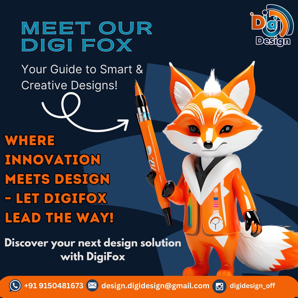 Meet DigiFox! 🦊💻

 Our new mascot symbolizes agility, creativity, and innovation—just like our designs! From sleek business solutions to digital flair, DigiFox is here to help you navigate the world of design with style. 🎨✨ 

#DigiDesign #CreativeInnovation"