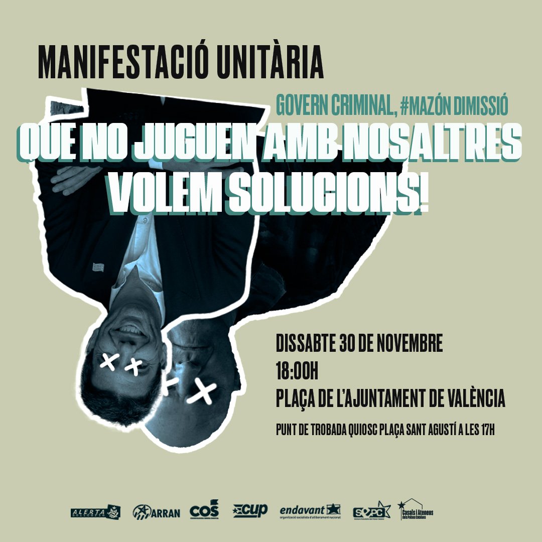 QUE NO JUGUEN AMB NOSALTRES!

Mentre col·lectius de base i brigadistes continuen coordinant-se per donar una resposta popular a la Dana, #MasonALaPresó només s'ocupa de salvar-se a ell.❌

 Aquest govern ha de caure!🔥El dissabte totes a València!
#SolsElPobleSalvaElPoble