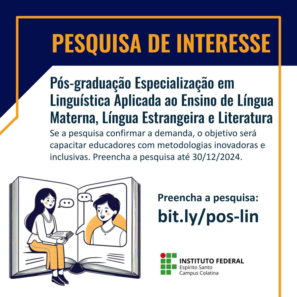 Estamos planejando uma pós-graduação em Linguística Aplicada ao Ensino e queremos ouvir você! Participe da pesquisa e ajude a tornar essa iniciativa realidade! Responda até 30/12/2024 pelo link: bit.ly/pos-lin.

#PósGraduação 
#Especialização
#Linguística 
#Literatura
