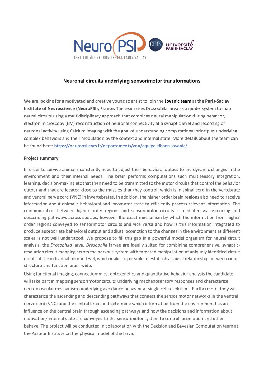 Tihana JOVANIC (@tihanana) on Twitter photo We have an ANR funded Postdoc position on sensorimotor circuits in Drosophila larva in collaboration with <a href="/decbaycomp/">Decision and Bayesian Computation</a> imaging, behavior, modeling We have an ANR funded Postdoc position on sensorimotor circuits in Drosophila larva in collaboration with <a href="/decbaycomp/">Decision and Bayesian Computation</a> imaging, behavior, modeling