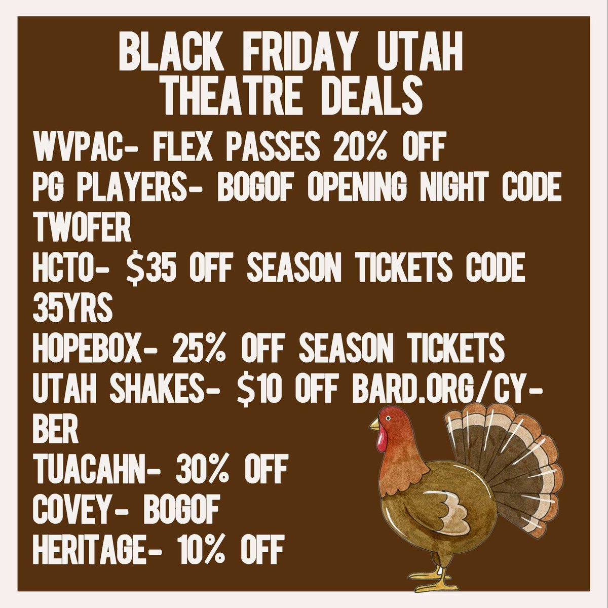Rachel Reviews Movies and Theatre (@rachel_reviews) on Twitter photo Some Utah theatre Black Friday deals! #utahtheatre <a href="/Tuacahn/">Tuacahn Center for the Arts</a> <a href="/HCTO/">Hale Center Theater Orem</a> <a href="/CoveyCenter/">Covey Center for the Arts</a> <a href="/UtahShakespeare/">Utah Shakespeare Festival</a> Some Utah theatre Black Friday deals! #utahtheatre <a href="/Tuacahn/">Tuacahn Center for the Arts</a> <a href="/HCTO/">Hale Center Theater Orem</a> <a href="/CoveyCenter/">Covey Center for the Arts</a> <a href="/UtahShakespeare/">Utah Shakespeare Festival</a>