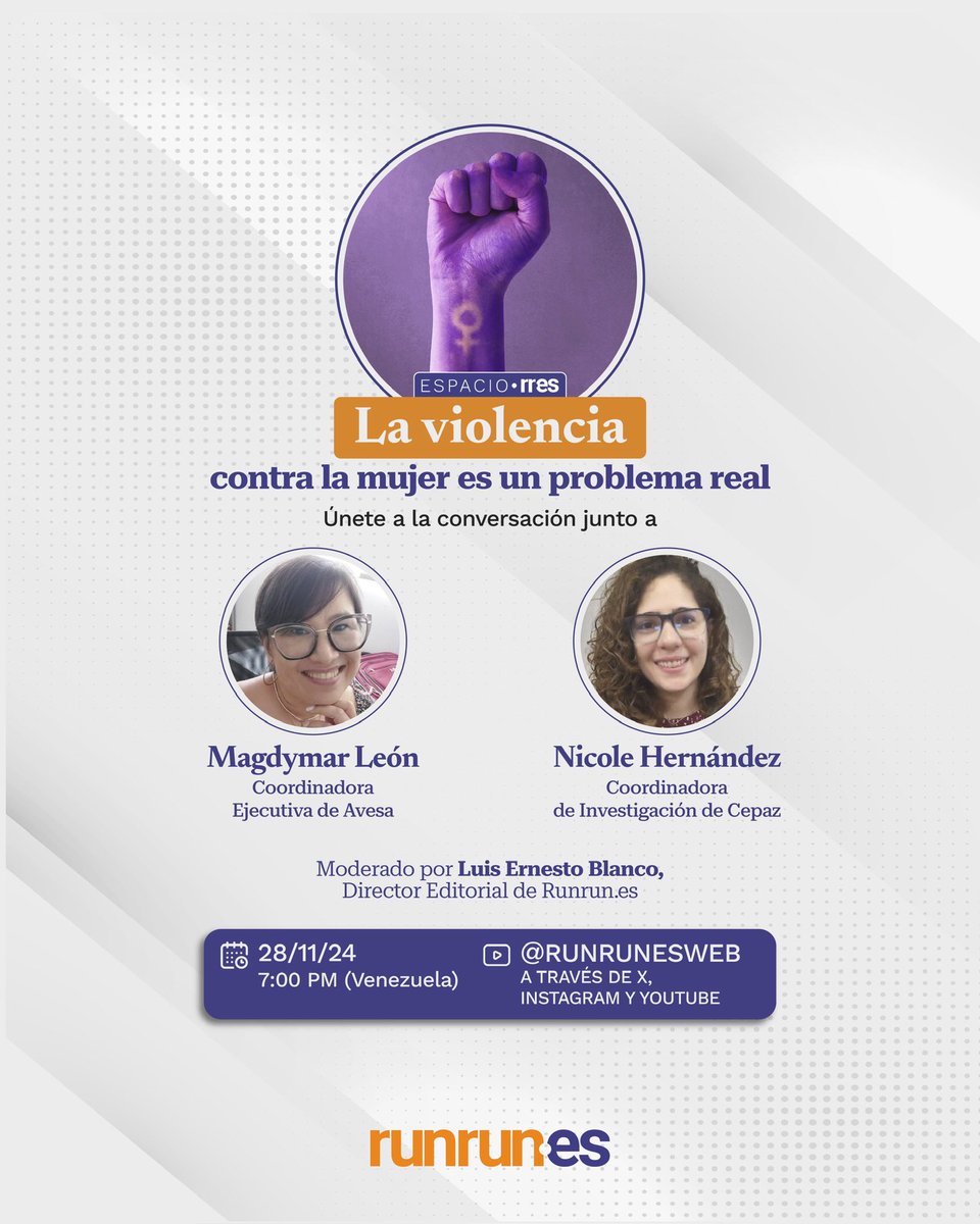 #RunRunesLive ¿La violencia contra la mujer es un problema real? Esta noche te vamos a dar varias razones para responder de forma afirmativa a esta pregunta. 

<a href="/lblancor/">Luis Ernesto Blanco</a> conversará con <a href="/MagdymarLeon/">Magdymar León🌺</a> de <a href="/AVESAONG/">AVESA</a> y Nicole Hernández de <a href="/_CEPAZ/">Cepaz</a> 

A las 7:00 pm por <a href="/RunRunesWeb/">Runrunes</a>