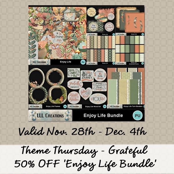 LLLCreations's tweet photo. This Theme Thursday: Grateful
This week pick up 'Enjoy Life Bundle' 50% OFF here: https://t.co/O8dhyfKKPB
#ScrapKits #scrapbooking #LLLCreations #digitalscrapbooking #digiscrap #BundleSale #Enjoylife https://t.co/VT9l16mIpO