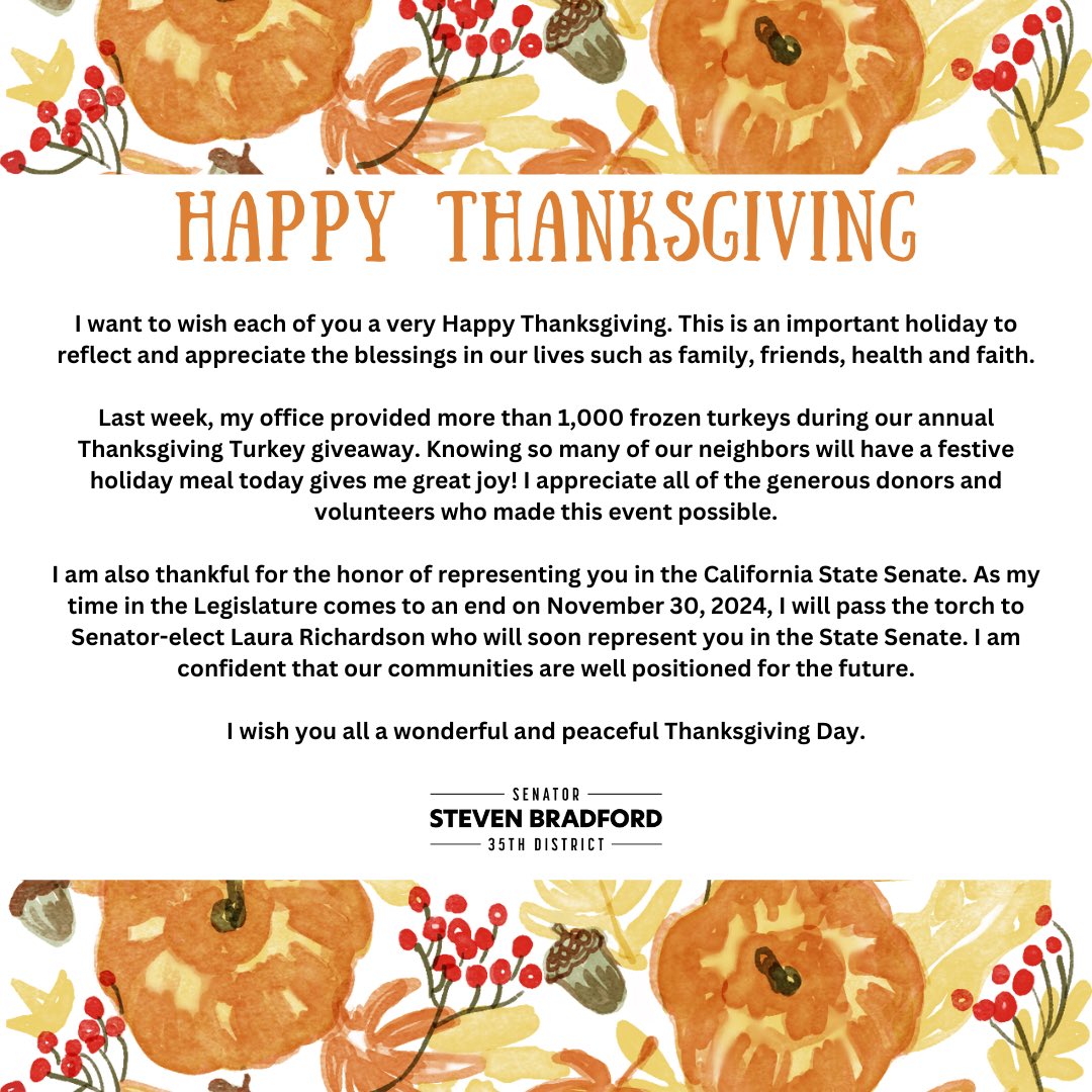 I want to wish each of you a very Happy Thanksgiving. This is an important holiday to reflect and appreciate the blessings in our lives such as family, friends, health and faith.

#HappyThanksgiving