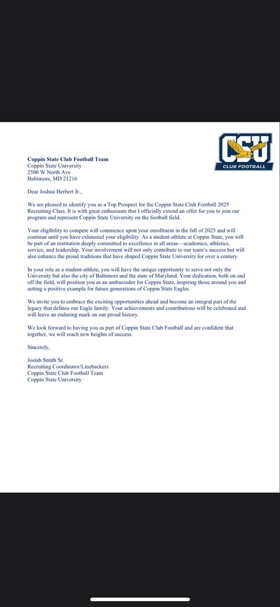 Blessed to receive an offer from Coppin State University💙💛 #Goeagles🦅 <a href="/Coach_Smith55/">Josiah Smith</a> <a href="/Coach_Herrera71/">Coppin State University Club Football</a> <a href="/MPArecruiting/">Madison Prep Recruiting</a> <a href="/jkleesportz/">JK Lee Sportz</a>