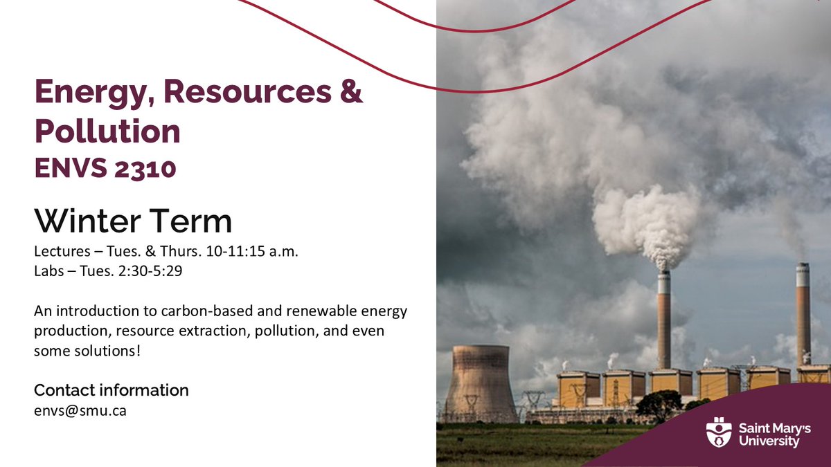 Environmental Science is offering this winter ENVS 2310 - Energy, Resources, and Pollution. An introduction to carbon-based and renewable energy production, resource extraction, pollution, and even some solutions!
