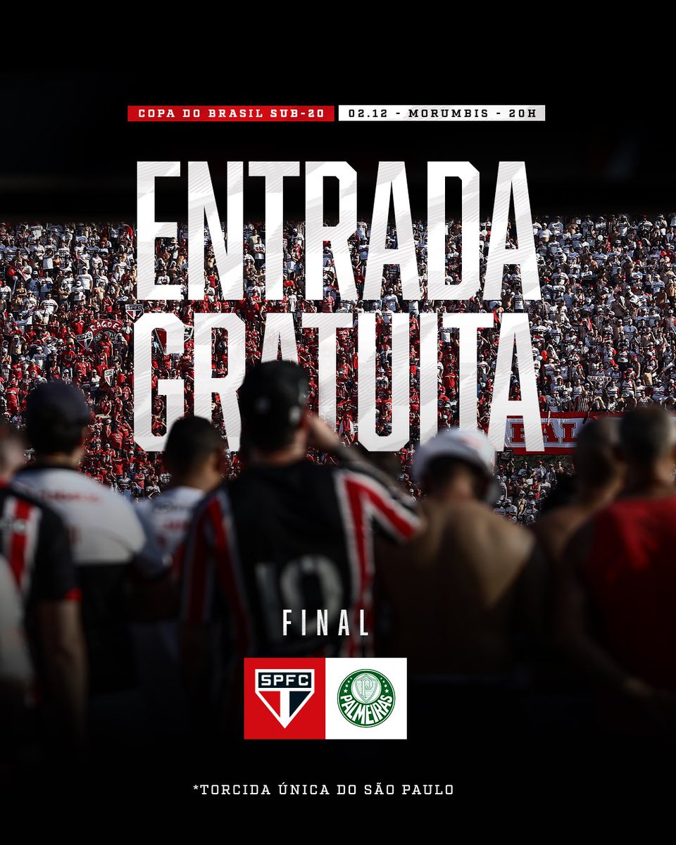 SaoPauloFC's tweet photo. 🎟️ 𝗘𝗡𝗧𝗥𝗔𝗗𝗔 𝗚𝗥𝗔𝗧𝗨𝗜𝗧𝗔 

Alô, #TorcidaQueConduz, venha apoiar o Tricolor na final da Copa do Brasil Sub-20, contra o Palmeiras, na próxima segunda-feira (2), às 20h, no MorumBIS!

Entrada pelos portões 6A, 6B, 16A e 17B. Abertura dos portões 2h antes do início do jogo. 

Atenção: torcida única do São Paulo.

Mais informações - https://t.co/vWjnF6p33N 

#MadeInCotia
#VamosSãoPaulo 🇾🇪