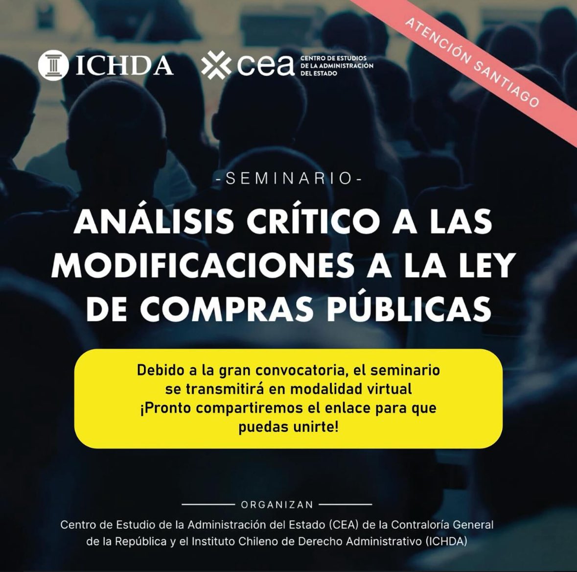 ichdacl's tweet photo. Debido a la gran convocatoria, el seminario también se transmitirá en modalidad virtual ¡Pronto compartiremos el enlace para que puedas unirte!
- Cuándo: Martes 3 de diciembre
- Hora: 9 a 13:30 horas
#ICHDA #Seminario #LeyComprasPúblicas #Derecho #innovación https://t.co/AwX45hOHUS