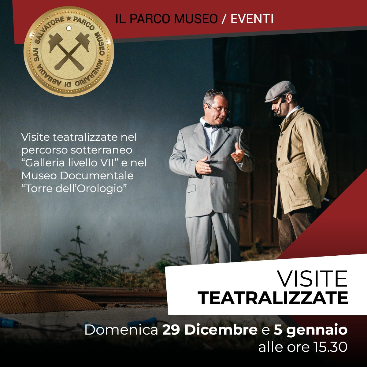 ⭐️29 #Dicembre e 5 #Gennaio – ore 15:30 – Visite teatralizzate nel percorso sotterraneo “Galleria livello VII” e nel Museo Documentale “Torre dell’Orologio”
✅ Durata 1 ora e mezzo – Costo € 14,00 a persona – Su prenotazione Tel. 0577778324
#abbadiasansalvatore #musei #miniera