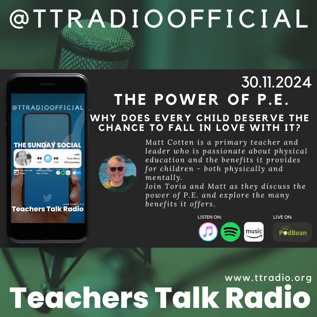 Toriaclaire's tweet image. I am so excited about the show this Sunday. I will be chatting to @Teach_MrC about 'The Power of P.E.'
Do join us at 11am.
Just in case you forget here is a link - click on it and it will remind you! x.com/i/spaces/1MnGn… #TeachersTalkRadio #TinyVoiceTalks #TinyVoicesTalk