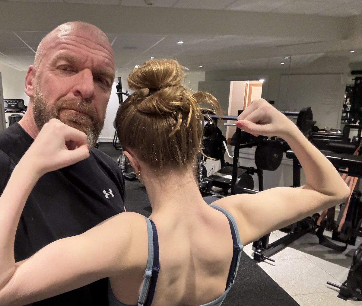 TripleH's tweet photo. Happy Thanksgiving to everyone. 

Pre feast workout!
#GirlDad
#StrongGirls
#Proud https://t.co/Y4La1VykYE