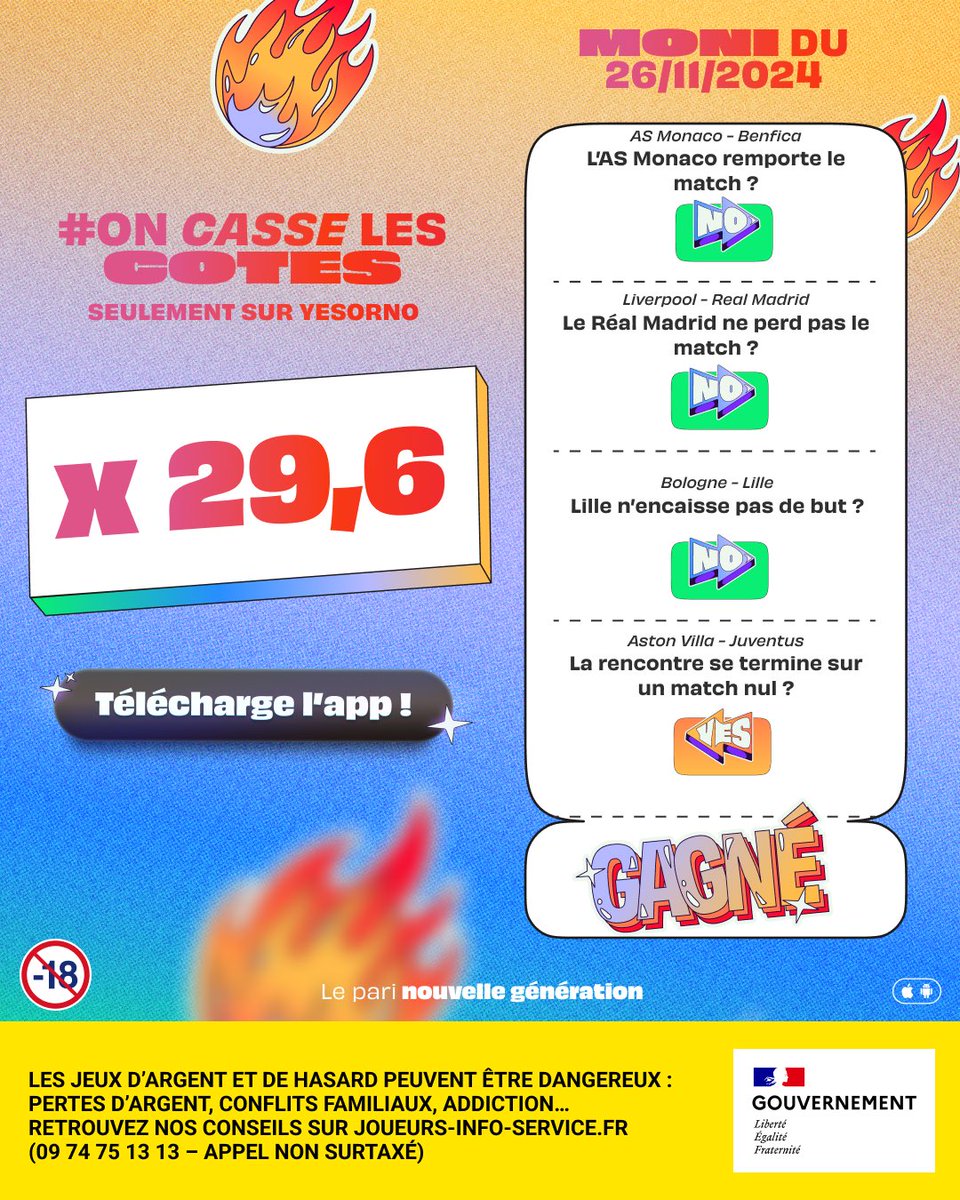 yesorno_jeu's tweet photo. La COTE de DINGUEEEE 🤯🤯🤯

Le « MONI » du 26/11 a littéralement cassé la cote avec un x29,6 !💥

Si toi aussi tu veux tenter ta chance de choper les meilleures cotes, rejoins l’app YESorNO ⬇️

https://t.co/FCL5o3Nw7N https://t.co/XGlD7HHZJ7