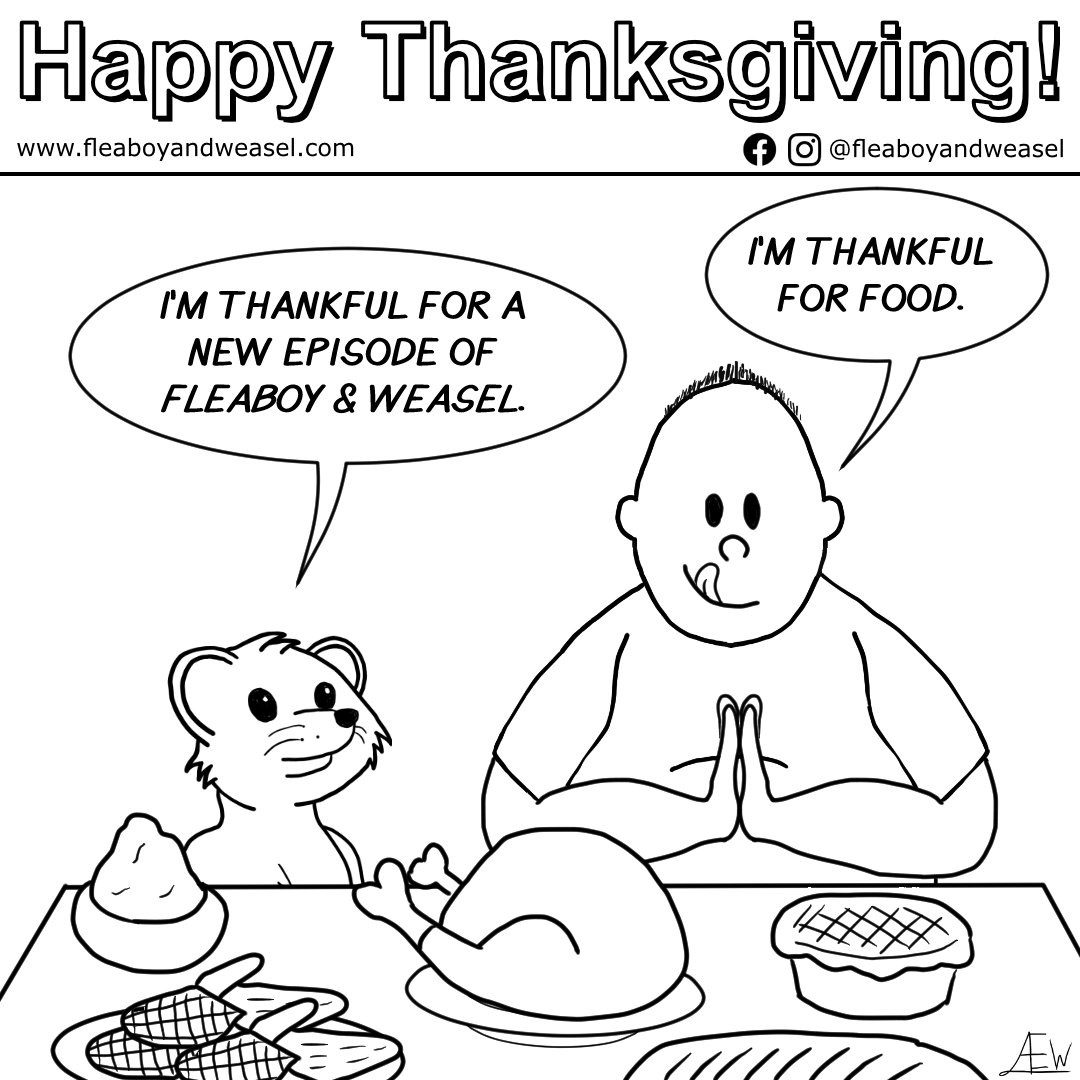 mad_experiments's tweet photo. Fleaboy and Weasel are thankful for the followers. To celebrate, Mad Experiments has a NEW episode @ https://t.co/m4uIvjevzB

#fleaboyandweasel #webcomic #webcomics #comic #comics
#comicart 
#comix #comedy #webcomicseries #thanksgiving #thanksgiving2024 #turkey https://t.co/I8vPsIwols