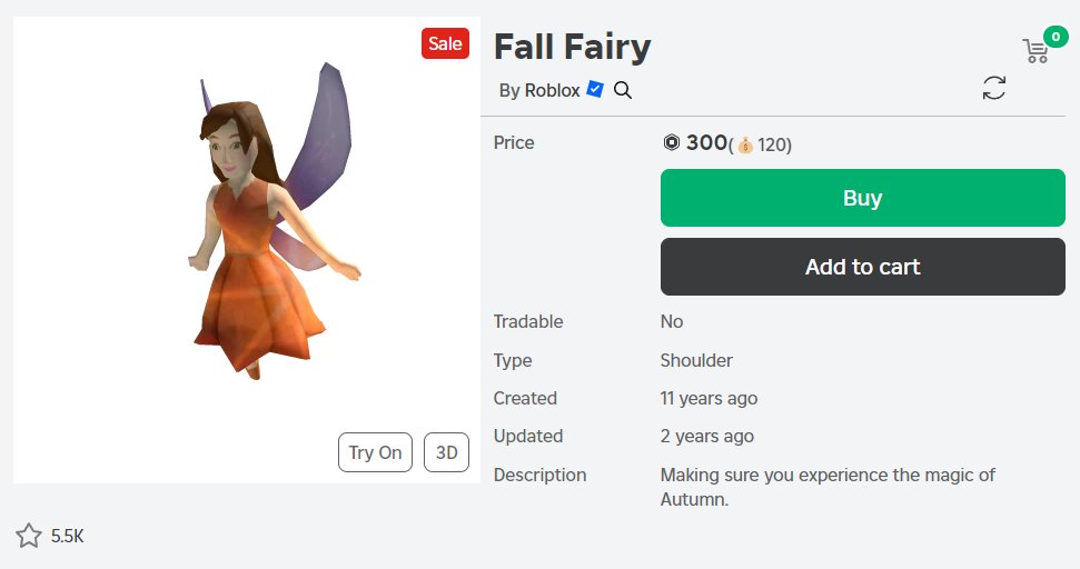 RoGameNews's tweet photo. The Roblox "Fall Fairy" is now officially back for 300 Robux. The "Fall Fairy" will only be on-sale for 24 Hours!
Item Link: https://t.co/Uy0rrdbCyM
#RobloxDevs #Roblox #RobloxDev #FallFairy #Limited #Christmas #Fall #Fairy #Orange #Cheap #Robux https://t.co/b5CWjyb5co