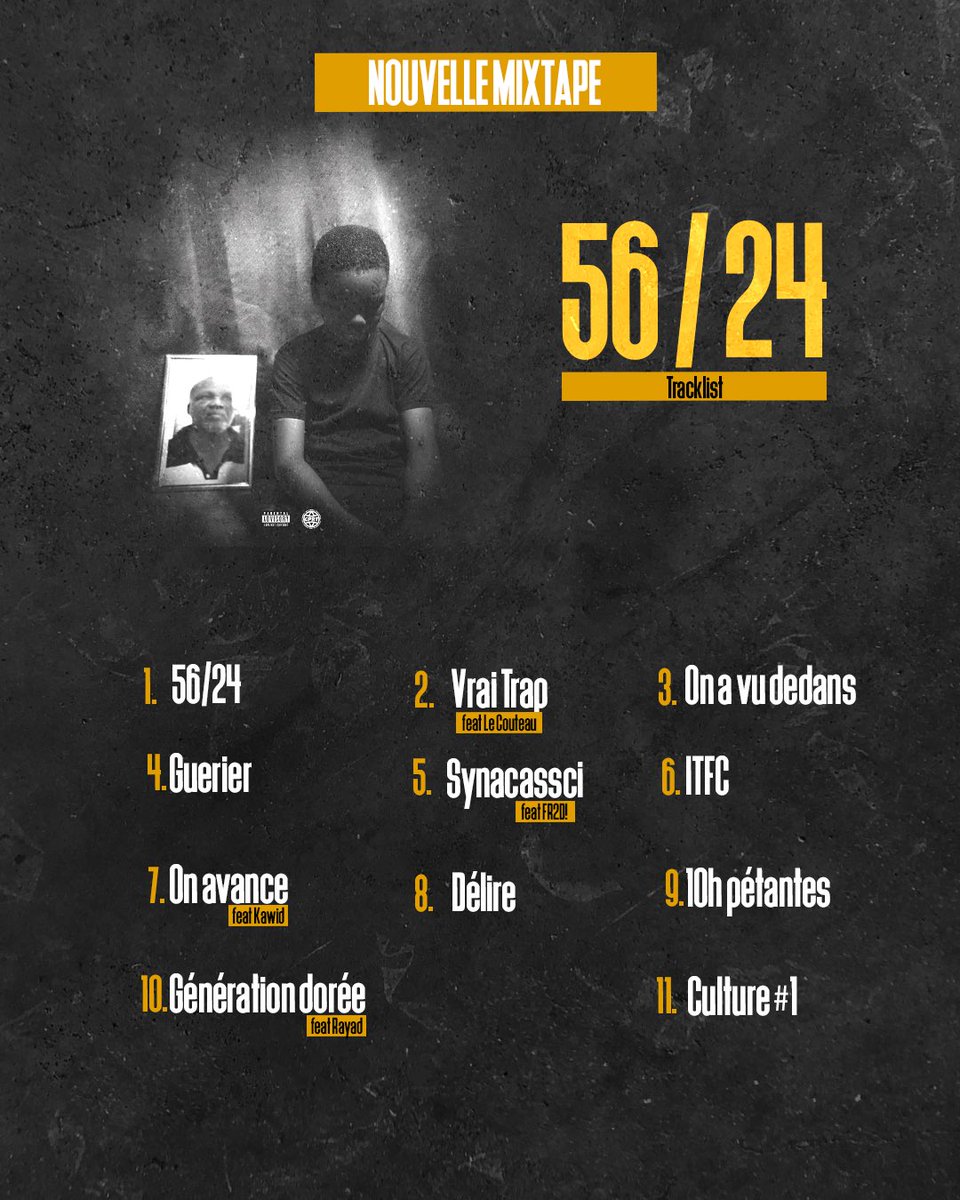 Sk_07_officiel's tweet photo. TRACKLIST + COVER DE LA MIXTAPE "56/25" SORTIE CE VENDREDI 6 DÉCEMBRE 2024

Merci à tous ceux qui ont travaillé sur la mixtape. 
🎹🎛️: @the_chapit0 🇨🇮
🎹🎛️: @daycemoon_beatz 🇨🇮
     🎹: @g_siffre x @rilmey_senpai 🇫🇷
🎥: @Letypenquestion https://t.co/EMnnyObYV4