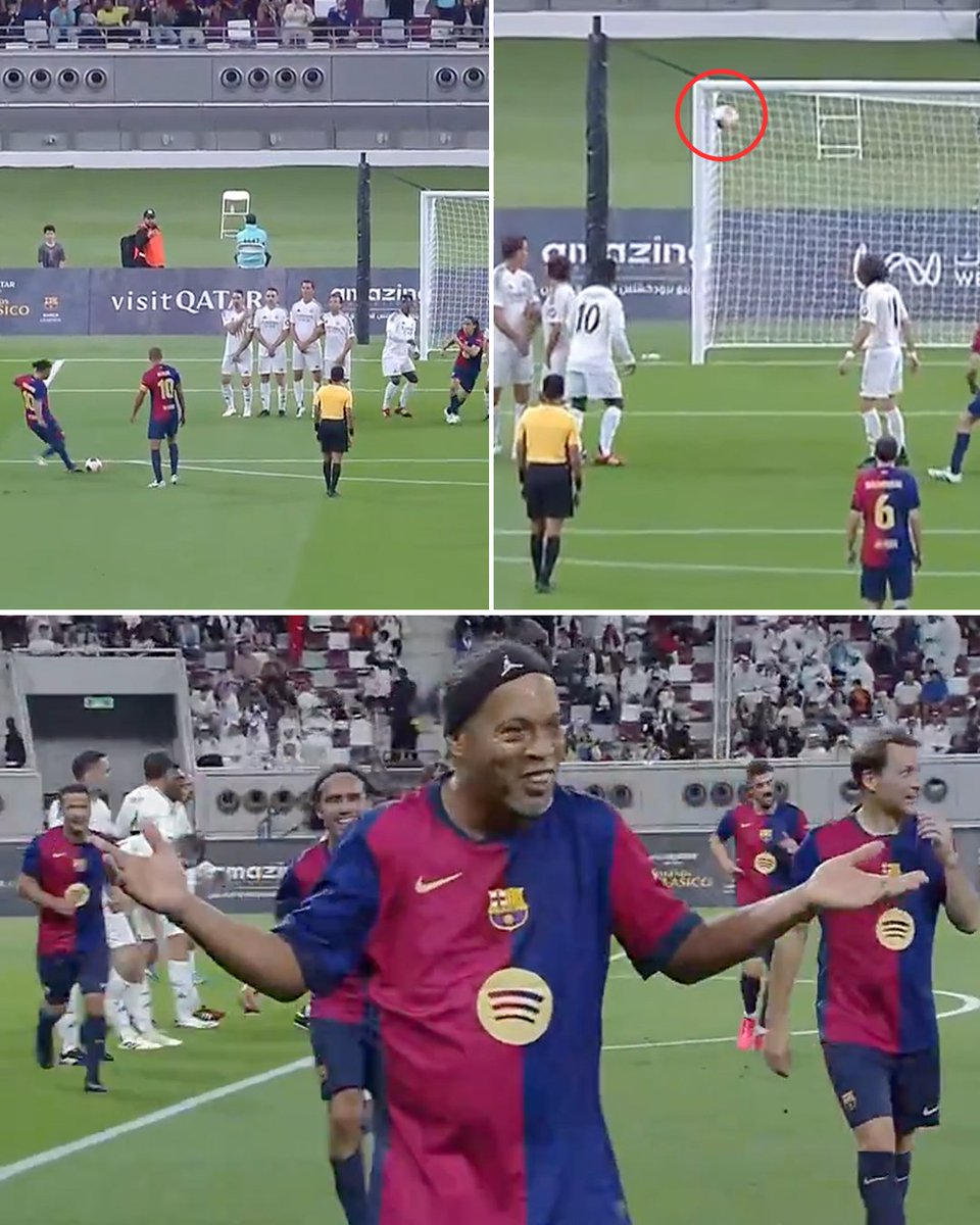 ESPNFC's tweet image. Ronaldinho placed a free kick top bins for the Barcelona Legends in their match vs. the Real Madrid Leyendas 🎯

Class is permanent ✨