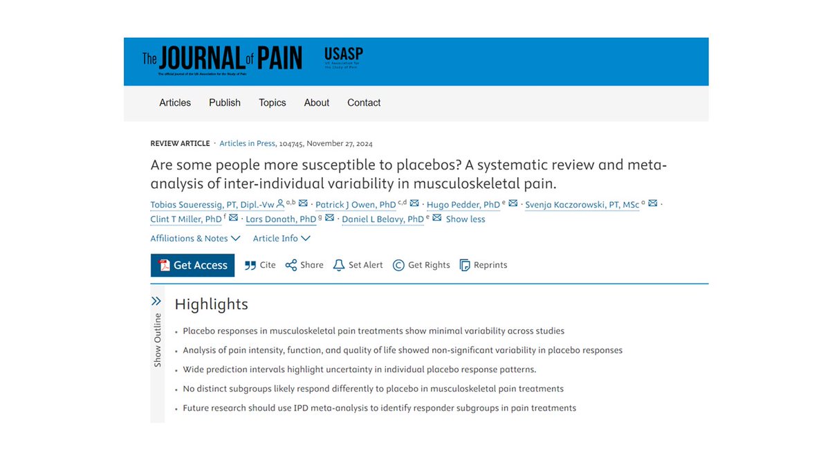 Tobias Saueressig (@tobi_saueressig) on Twitter photo Are some people more susceptible to placebos?
DOI: doi.org/10.1016/j.jpai…
🙏 Co-authors: <a href="/belavyprof/">Daniel Belavy</a> <a href="/PatrickOwenPhD/">A/Prof Patrick J Owen</a> @HugoPedder <a href="/svenjakacz/">Svenja Ka</a> <a href="/LarsDonath/">Lars Donath</a> <a href="/_clintmiller/">Dr Clint Miller</a> Are some people more susceptible to placebos?
DOI: doi.org/10.1016/j.jpai…
🙏 Co-authors: <a href="/belavyprof/">Daniel Belavy</a> <a href="/PatrickOwenPhD/">A/Prof Patrick J Owen</a> @HugoPedder <a href="/svenjakacz/">Svenja Ka</a> <a href="/LarsDonath/">Lars Donath</a> <a href="/_clintmiller/">Dr Clint Miller</a>