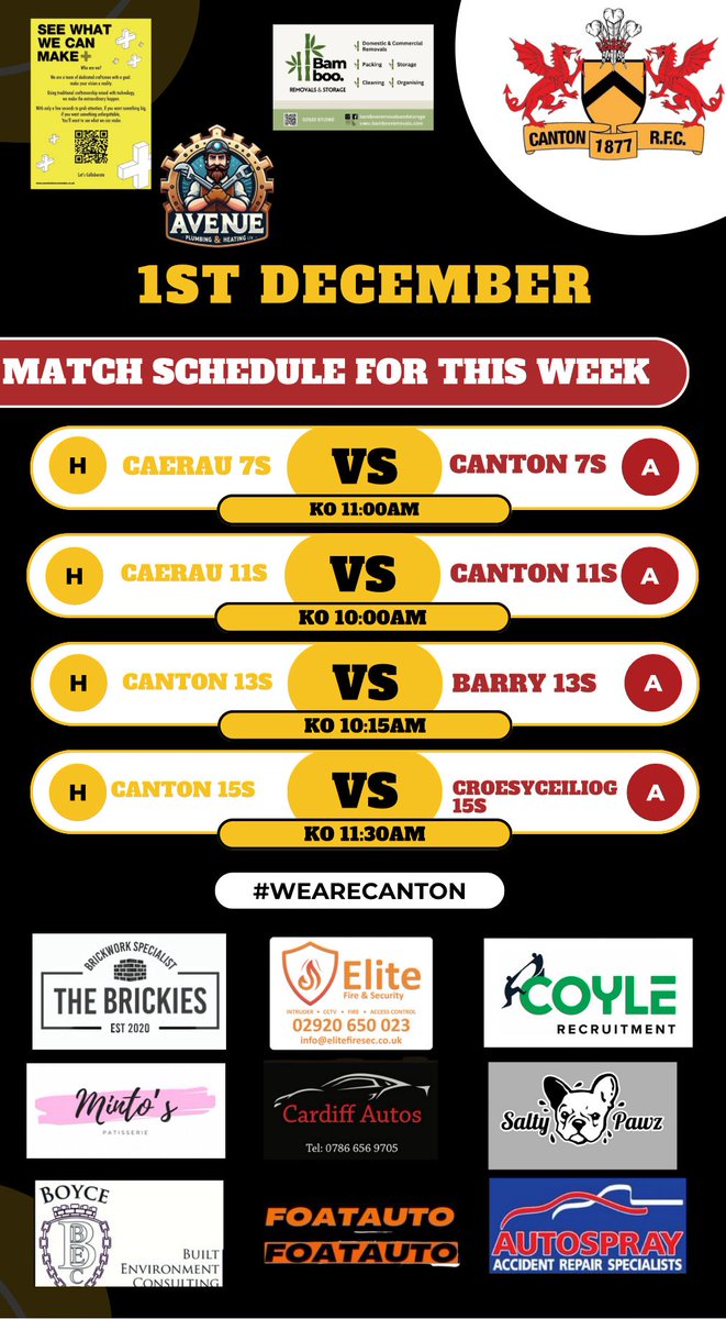 This weekend, our 7s &amp; 11s take a short trip to Caerau at Trelai Park, while our 13s &amp; 15s are playing at home.

We’d love to see you out supporting the teams!

#WeAreCanton