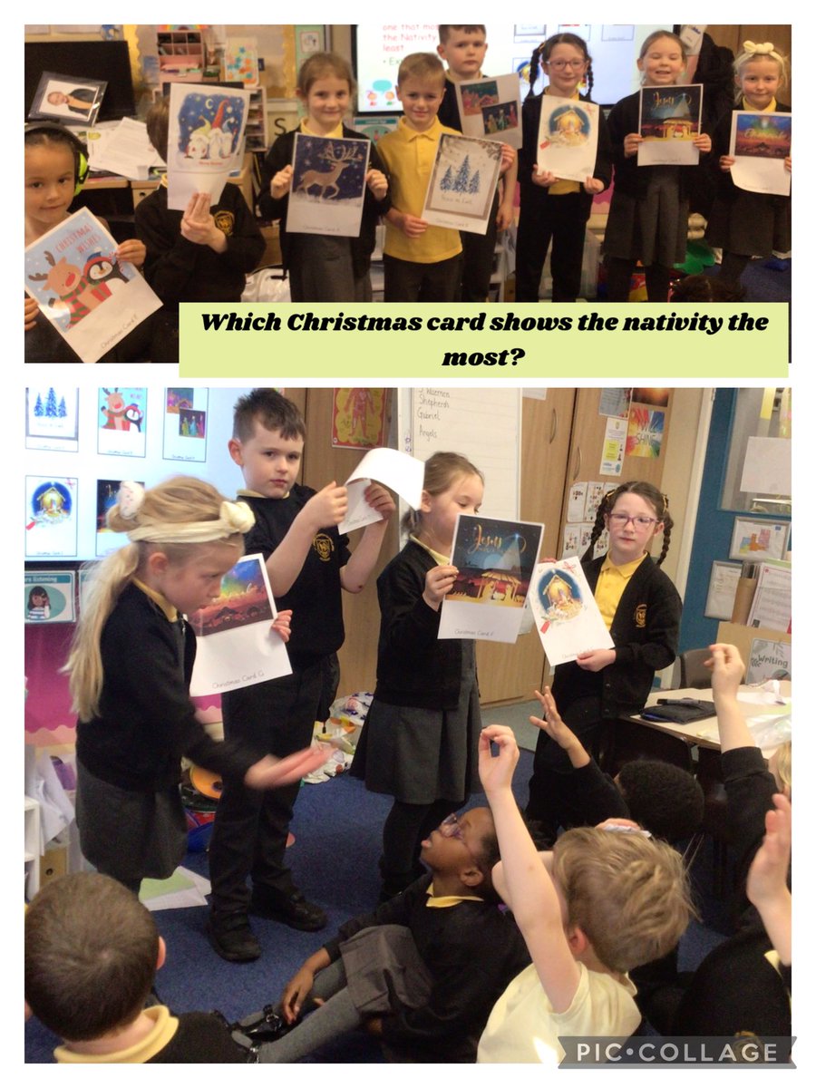 Stjohnscoventry's tweet image. In RE, Year 2 discussed how Christians show the nativity in things such as Christmas Cards. They worked as a team to decide which card showed the nativity the most and why. #teamwork