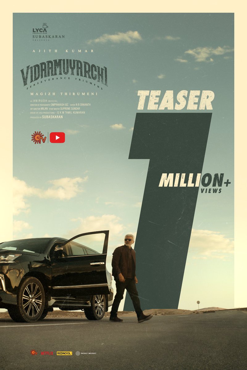 gkmtamilkumaran's tweet photo. 1️⃣ Million views in a jiffy! 🚀 The VIDAAMUYARCHI teaser takes the internet by storm. 🔥 Efforts never fail! 💪

🔗 https://t.co/Om4EMotmKR

#VidaaMuyarchi In Cinemas worldwide from PONGAL 2025!

#AjithKumar #MagizhThirumeni @LycaProductions #Subaskaran @gkmtamilkumaran https://t.co/ltPA1ZEjiL