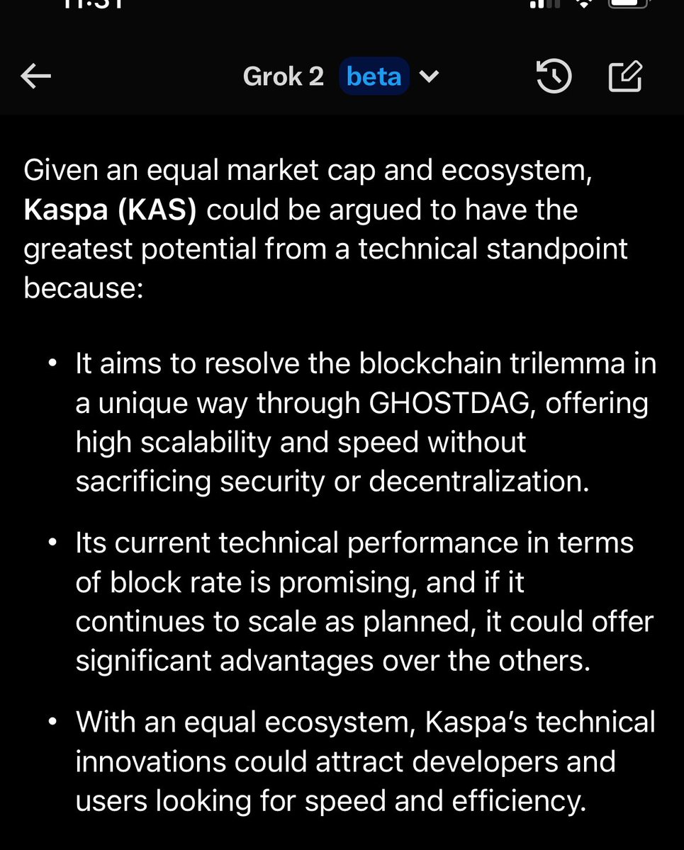 KaspaKev's tweet image. I ASKED GROK TO COMPARE 
        $BTC 
        $ETH 
        $ADA 
        $SOL &amp;amp; 
        $KAS 
            FROM A 
       TECHNOLOGICAL ASPECT ONLY (putting ecosystem &amp;amp; market cap on equal grounds) 

HERES WHAT GROK HAD TO SAY‼️👇

SPOILER: #KASPA BEAT THEM ALL‼️