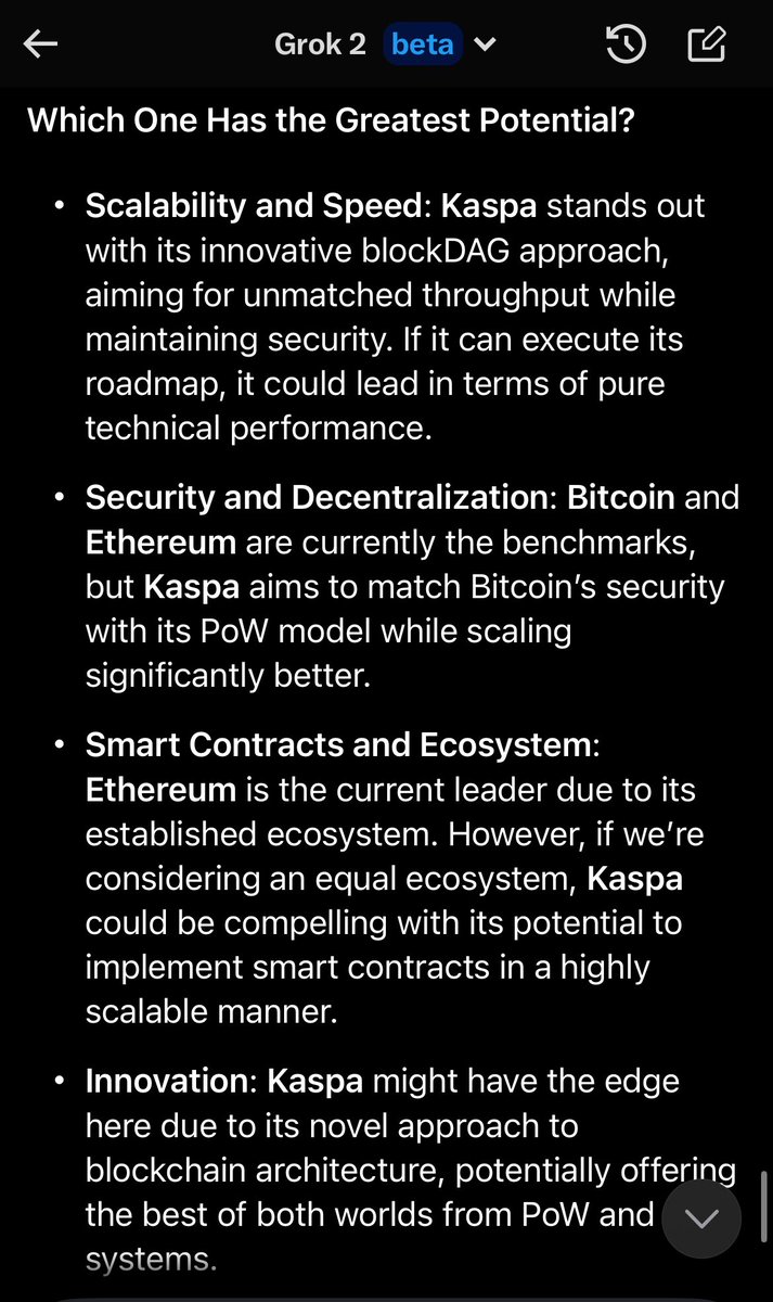 KaspaKev's tweet image. I ASKED GROK TO COMPARE 
        $BTC 
        $ETH 
        $ADA 
        $SOL &amp;amp; 
        $KAS 
            FROM A 
       TECHNOLOGICAL ASPECT ONLY (putting ecosystem &amp;amp; market cap on equal grounds) 

HERES WHAT GROK HAD TO SAY‼️👇

SPOILER: #KASPA BEAT THEM ALL‼️