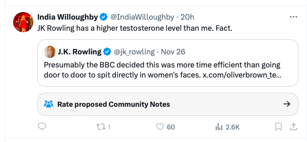 jk_rowling's tweet image. India Willoughby remains batshit crazy. Fact.
