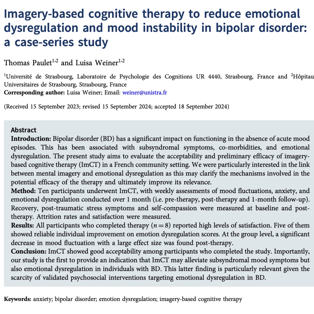 BCP New FirstView paper:  Imagery-based cognitive therapy to reduce emotional dysregulation and mood instability in bipolar disorder: a case-series study

Full free text at ow.ly/MBK750UhHyB